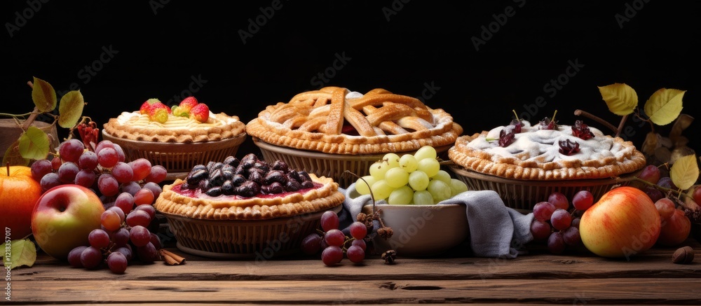 Poster colorful fruit pies arranged on a rustic wooden table with dark background featuring pears apples gr