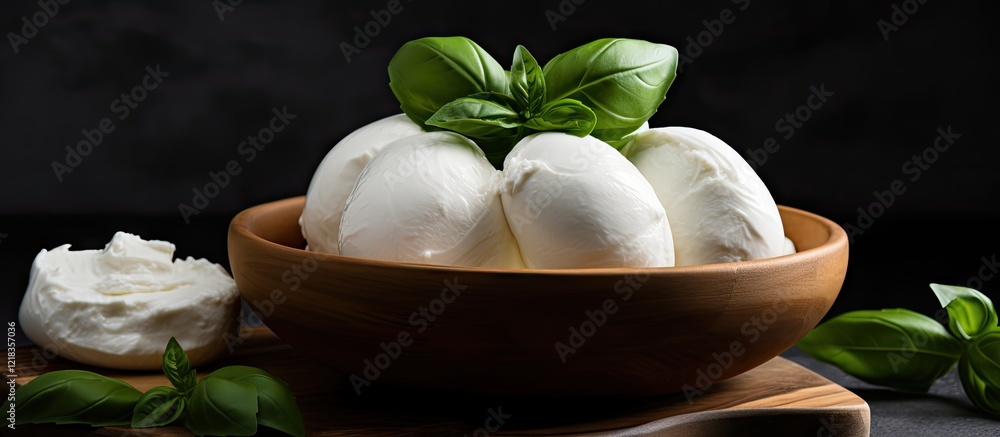 Poster top view of creamy mozzarella balls in a wooden bowl with fresh basil leaves on a dark background sh