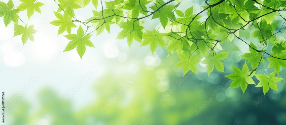Aufkleber Vibrant green maple leaves cascading from the top left corner against a soft blurred background creating ample space for text or graphics.