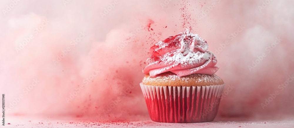 Poster fresh cupcake with red and white swirled frosting on a crispy case, center stage against a vibrant p