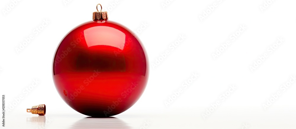 Poster Bright red Christmas ornament positioned to the right on a soft white background, allowing for ample copy space on the left side.