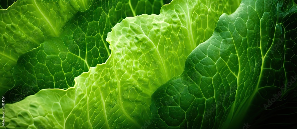Poster close up of vibrant green lettuce leaves showcasing detailed texture with soft lighting and ample co