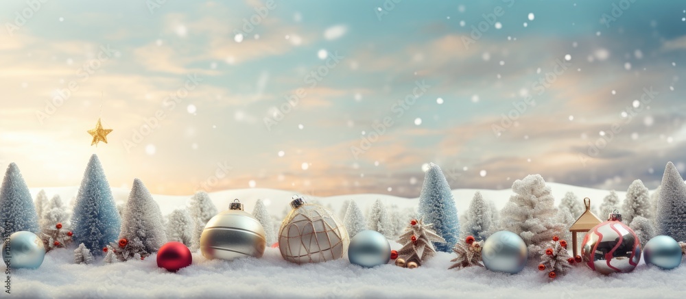 Poster serene winter landscape featuring snow-covered trees and colorful christmas ornaments in foreground 