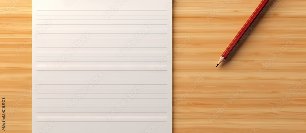 Poster Notepad with blank lines positioned on a wooden table with a red pencil on the right side creating a minimalistic workspace backdrop.