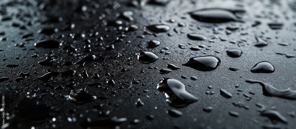 Aufkleber close-up of water droplets on a dark textured surface highlighting reflections and transparency with