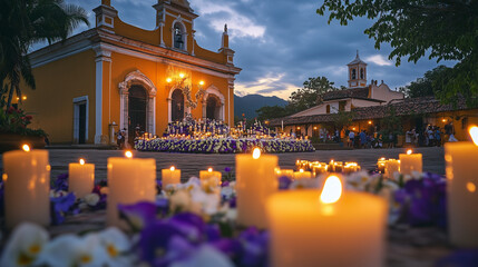 Fototapeta premium Early Semana Santa scene in the town square with large candles lit in the hands of the gathered faithful, makeshift altar decorated with white and purple flowers, Ai generated images