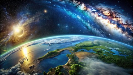A stunning AI-rendered Earth globe, nestled within the Milky Way's star-studded galaxy. Seas, forests, and cosmic beauty unite.