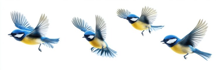 Obraz premium Bluebirds in Flight: A quartet of vibrantly colored bluebirds, wings spread wide, soar through the air in graceful flight, capturing the essence of freedom and boundless energy. 