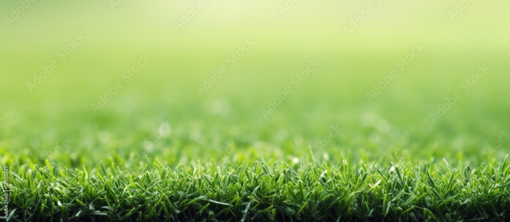 Poster close up view of lush green grass at the corner of a soccer field with blurred background and ample 