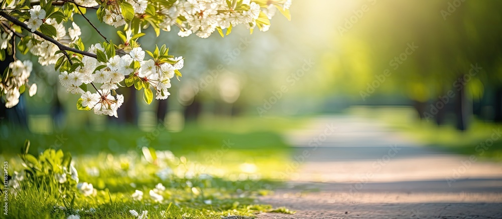 Poster Sunlit garden scene with blossoming trees in foreground, soft bokeh effect in background, vibrant greens and whites, pathway leading through summer setting.