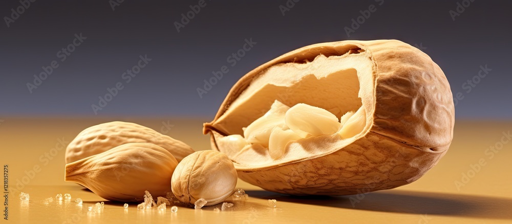 Poster Inca peanut close-up with a beige background highlighting the shell and creamy interior, featuring ample copy space on the right side.