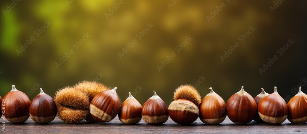 Poster chestnuts in their shells arranged on a wooden surface with a blurred green background highlighting 