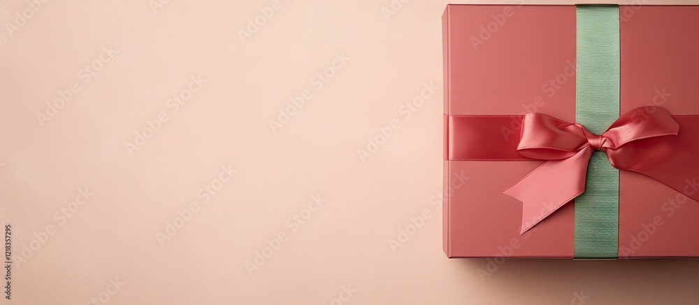 Poster Top down view of a red gift box with a green ribbon on a beige and pink gradient background, ample empty space for text and graphics.