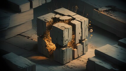 Obraz premium Glowing Abstract Wooden Cube Art Digital 3D Render