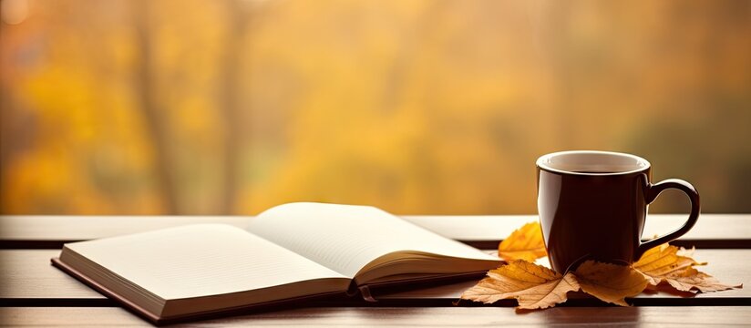 Cozy autumn scene featuring a dark coffee cup beside an open paper notebook on a wooden table adorned with golden leaves and a blurred warm background