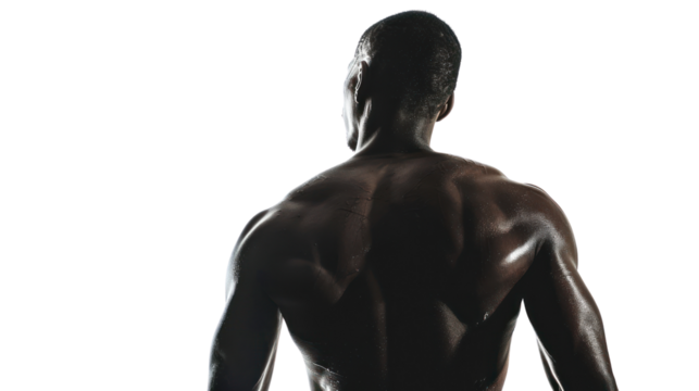 Fit individual showcasing muscular back in dramatic lighting. Focus on strength, fitness, and determination, perfect for health and wellness themes.