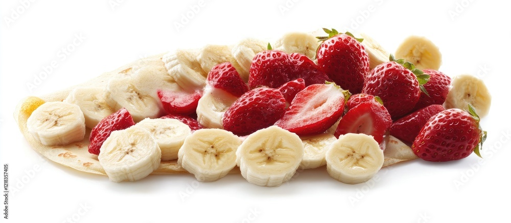 Poster freshly made banana and strawberry crepe on a bright white background showcasing sliced bananas and 