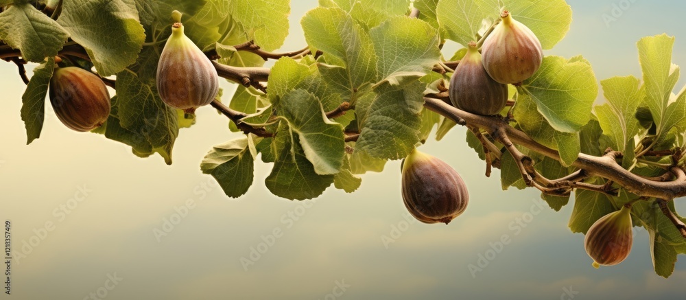 Poster figs hanging from a lush green fig tree branch with soft sunlight illuminating the fruit against a w