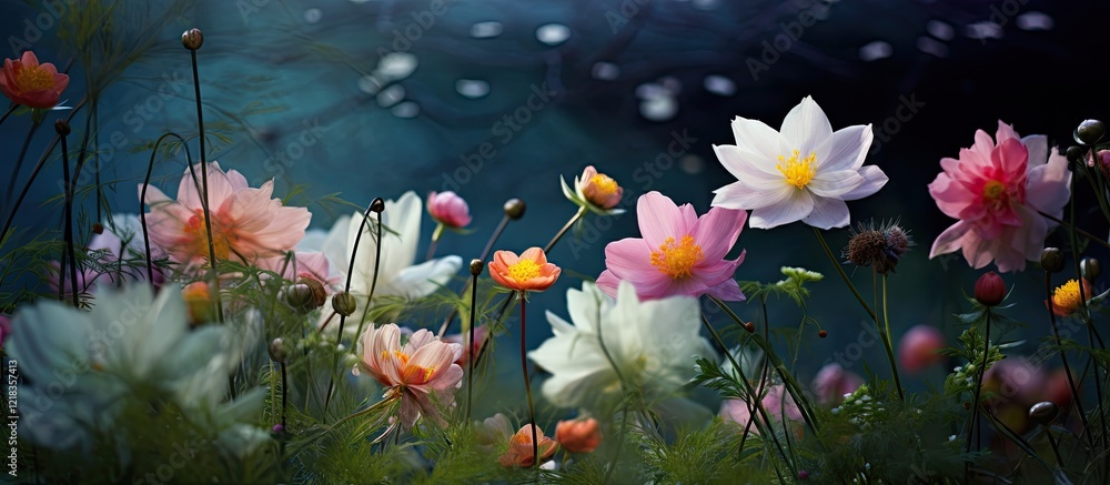 Poster vibrant multicolored flowers in soft pink, white and orange hues against a deep green background cre