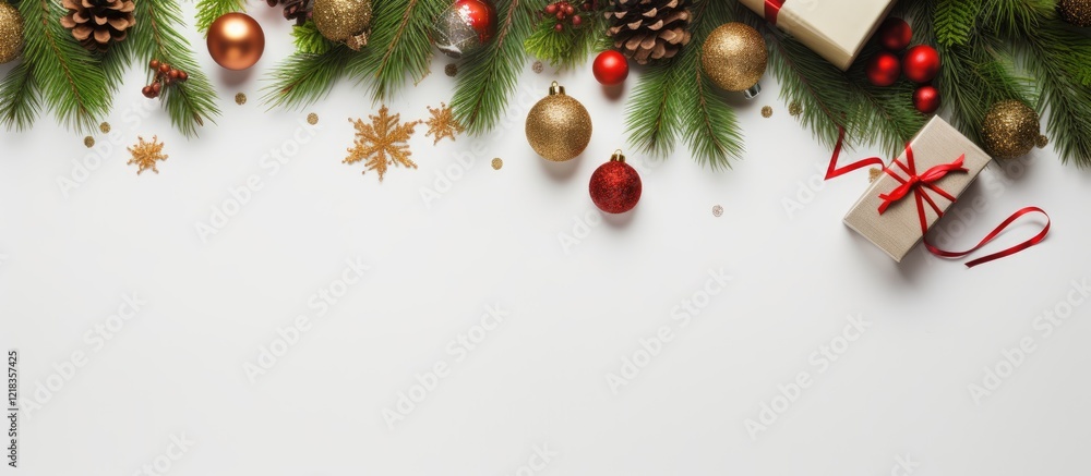 Poster top view of a white backdrop with green fir branches golden and red ornaments pine cones and gift bo