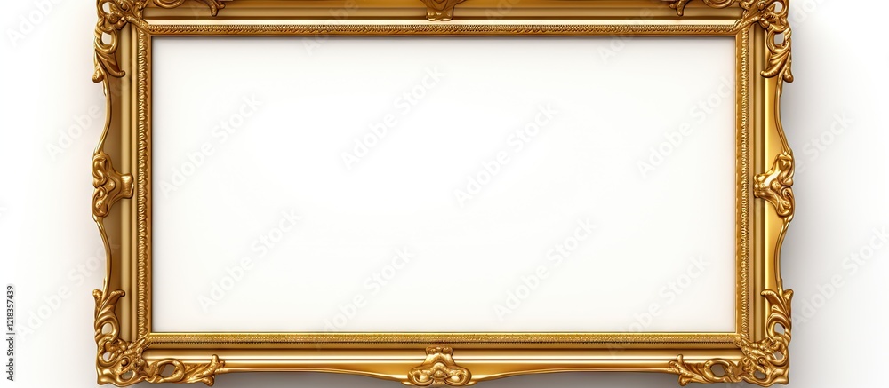 Poster elegant golden picture frame with intricate details positioned centrally against a bright white back