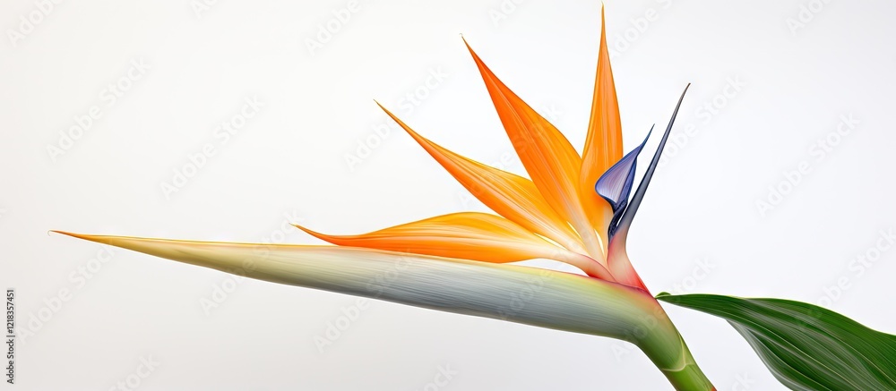 Poster strelitzia reginae flower in vibrant orange and blue hues positioned on the right with leaves agains