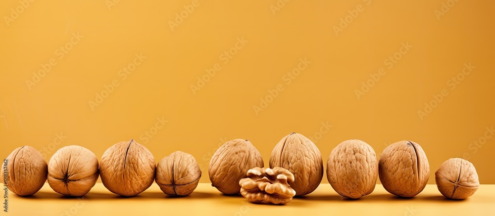 Poster Assorted walnuts of various sizes arranged in a row against a vibrant orange background with ample empty space for text placement.