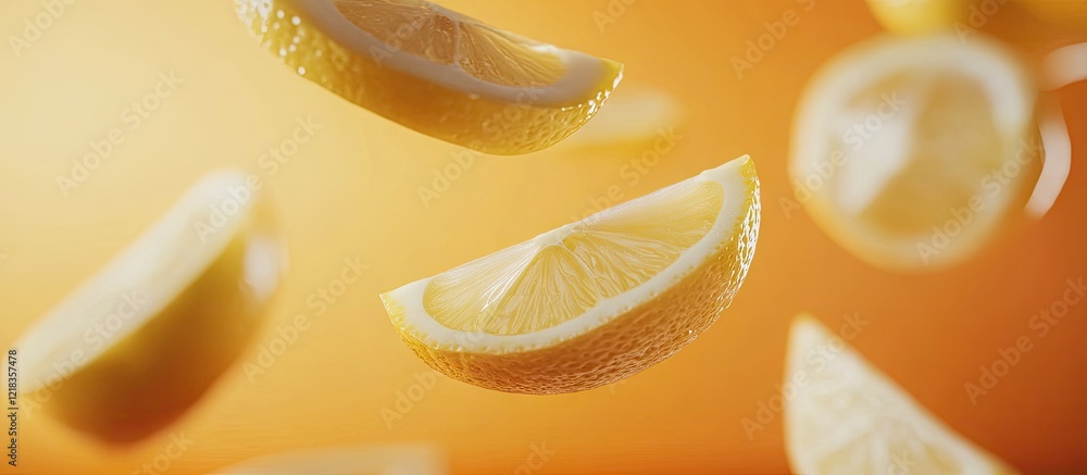 Aufkleber Floating lemon slices against a vibrant orange background with soft focus highlighting their fresh texture and juiciness, creating a refreshing vibe.
