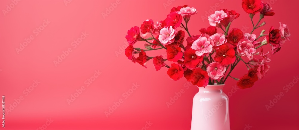 Poster Pink flowers in a pink and red vase arranged on a vibrant red backdrop with soft gradients creating a harmonious and cheerful composition.