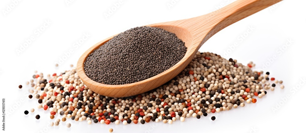 Leinwandbilder wooden spoon with black red and white quinoa and chia seeds on a white background with scattered see