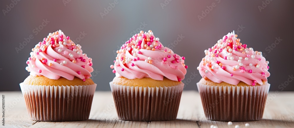 Poster Cupcakes with pink frosting topped with colorful sprinkles arranged in a row on a wooden surface against a blurred gray background