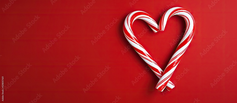 Poster heart-shaped candy canes on a bright red background with ample space for text, emphasizing festive h