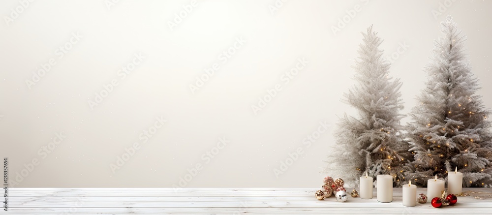 Poster festive christmas scene featuring white wooden table with two snowy trees on the right side and deco