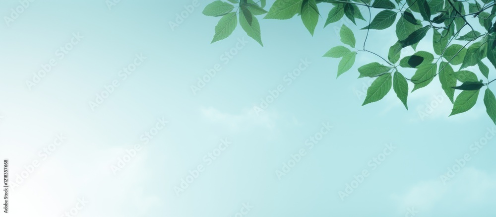 Poster Lush green leaves frame the top of the image against a soft blue sky with ample empty space in the lower section for text or graphics.