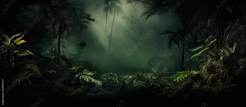 Aufkleber Mysterious deep tropical jungle scene with dark shadows and soft green foliage illuminated by subtle light rays in background composition.
