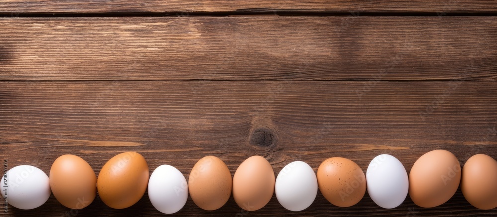 Poster Rustic wooden background featuring a row of brown and white eggs arranged horizontally creating a warm, natural food setting.