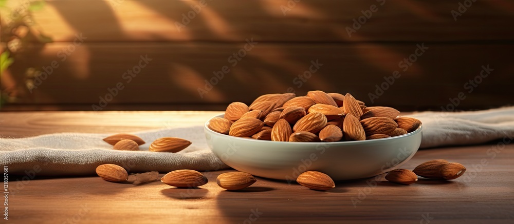 Aufkleber Bowl of almonds overflowing with nuts on a rustic wooden table illuminated by warm sunlight with soft shadows and a textured cloth in the background