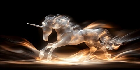 A stylized, translucent unicorn appears to gallop through swirling waves of light and smoke against a dark background. Concept Translucent Unicorn, Ethereal Light Waves, Surreal Backdrop