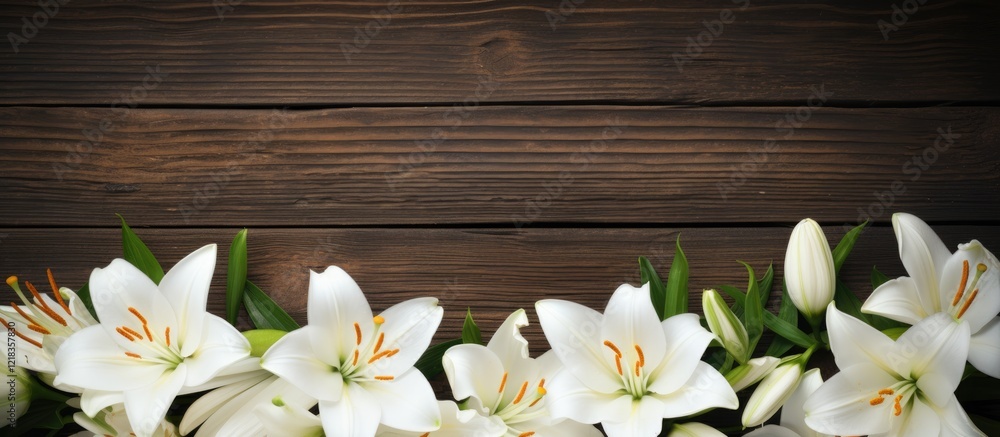 Poster white lily flowers arranged at the bottom of a dark wooden background, creating a natural frame with
