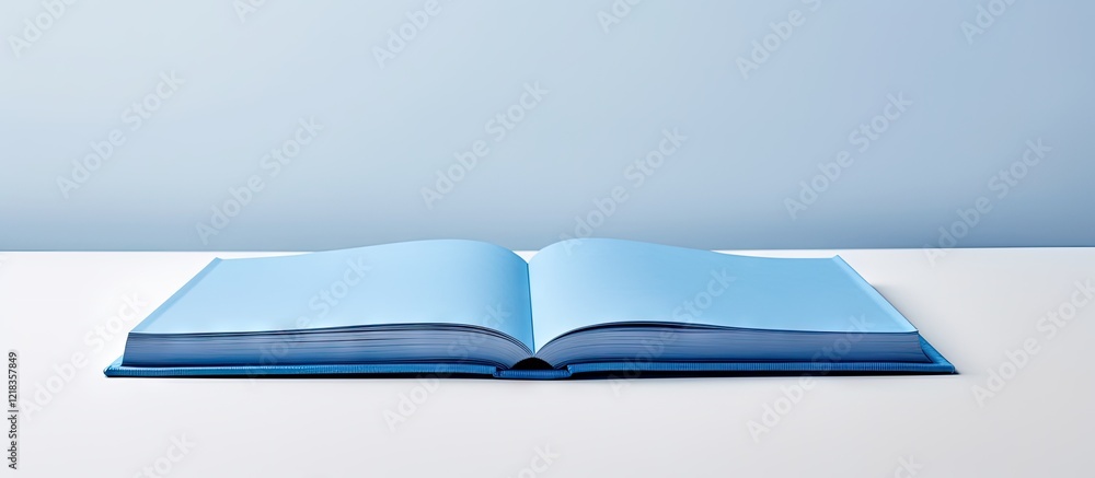 Poster open blue book positioned centrally on a white tabletop against a light blue background creating a s