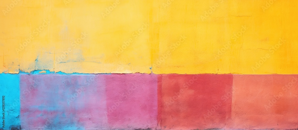 Poster vibrant wall backdrop with bold yellow, turquoise, and pink hues creating a striking copy space idea