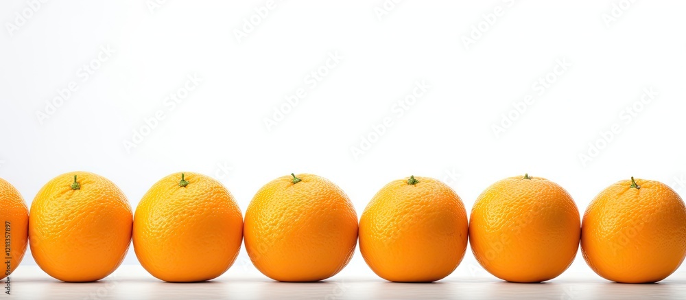 Poster ripe oranges arranged in a straight line on a clean white background with soft natural lighting high