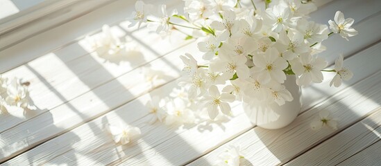 Delicate white cherry blossoms in a white vase on a sunlit white wood floor with soft shadows creating an elegant and serene atmosphere.