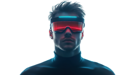 Futuristic male wearing high-tech virtual reality goggles on a black background, showcasing advanced gaming and tech innovations.