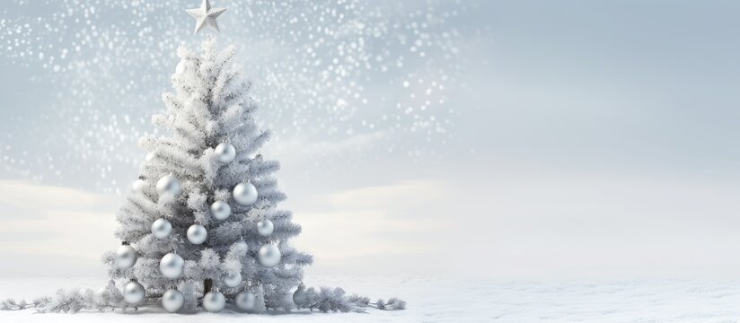 Christmas tree with white ornaments in left foreground, snowy background with light gray and white hues, ample negative space on the right.