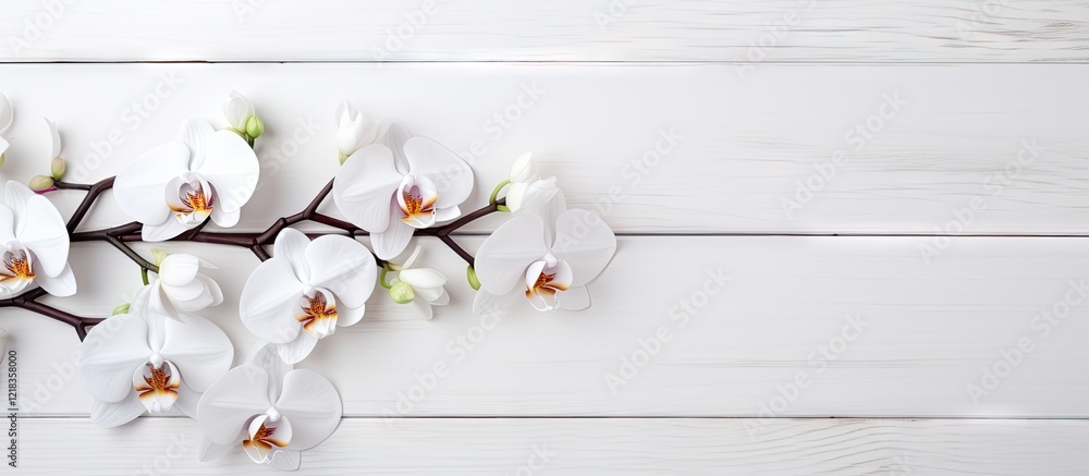 Poster elegant arrangement of white orchids on a light wooden background with green buds positioned on the 