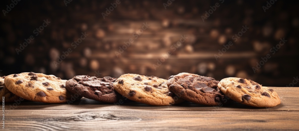 Poster Chocolate chip cookies arranged on a rustic wooden table with a warm blurred background ideal for text overlays featuring brown and beige tones.