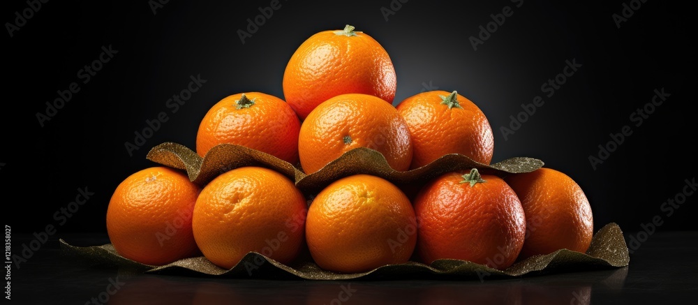 Poster Vibrant tangerines arranged in a pyramid on green leaves against a dark backdrop creating a festive atmosphere with empty space for text