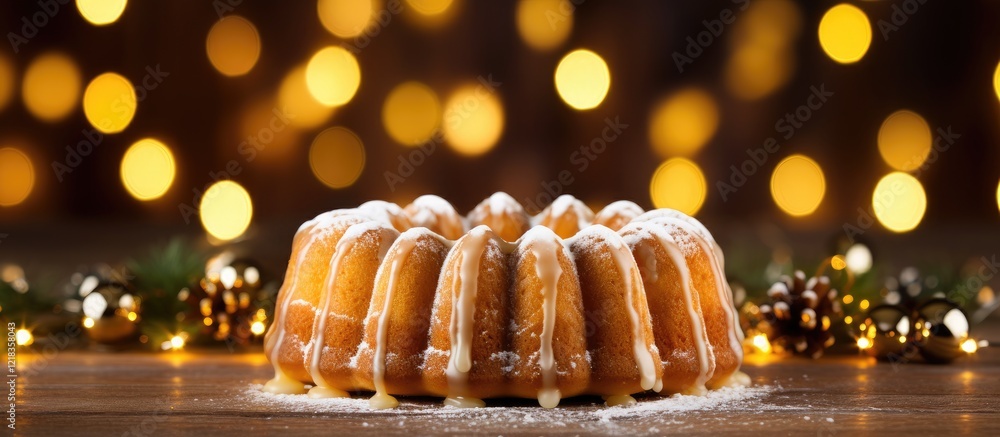 Poster festive golden bundt cake drizzled with icing on a wooden table with glowing bokeh background in war