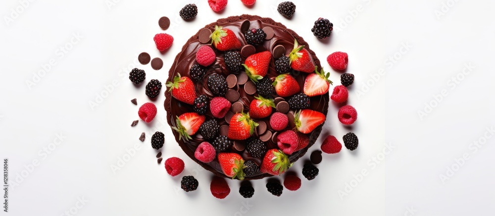 Poster Chocolate cake adorned with fresh strawberries and raspberries, centered on a clean white background with ample blank space for text or elements.